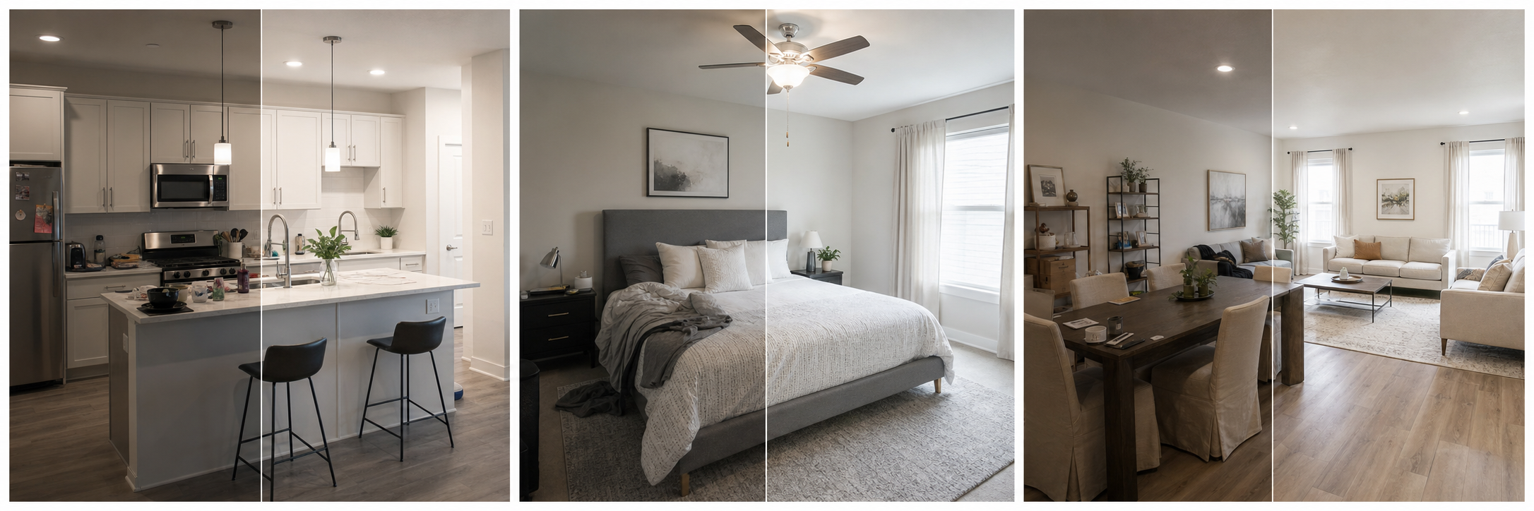 Three property photo before and after examples
