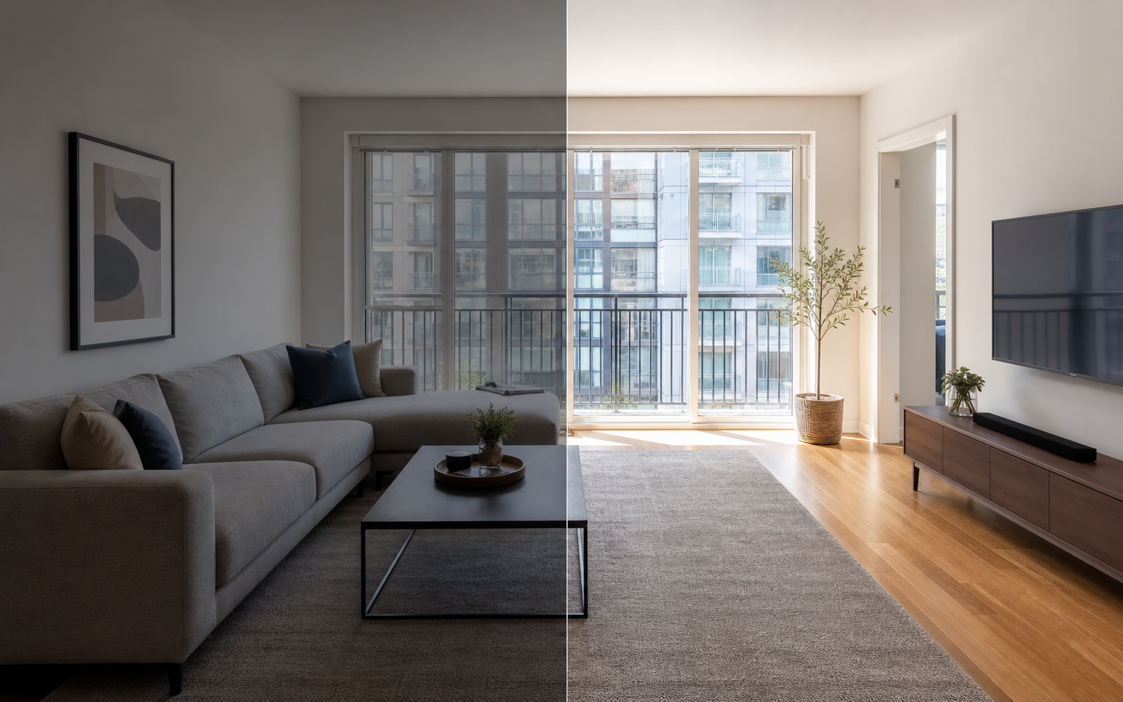 Apartment living room before and after AI photo touch-up