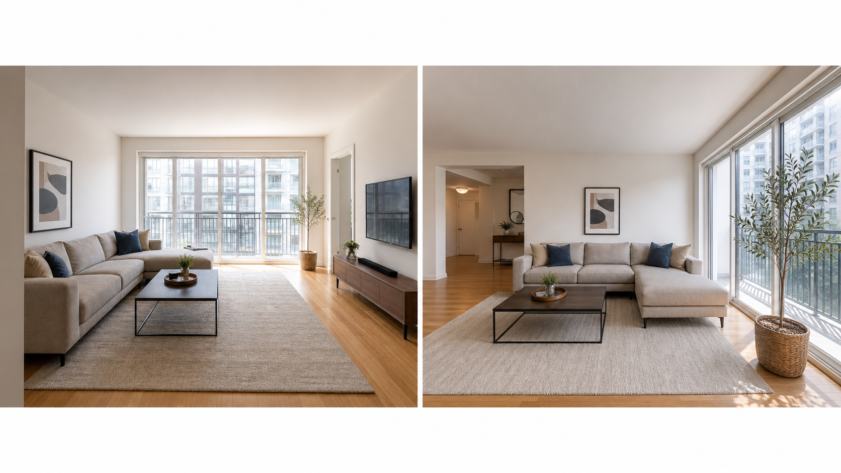 Two apartment listing photo angles of the same room